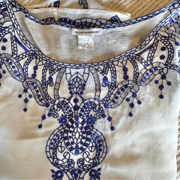 Club Monaco Kaitlin 100% Silk Embroidered Shift Dress Cream Blue | Large - Picture 4 of 6